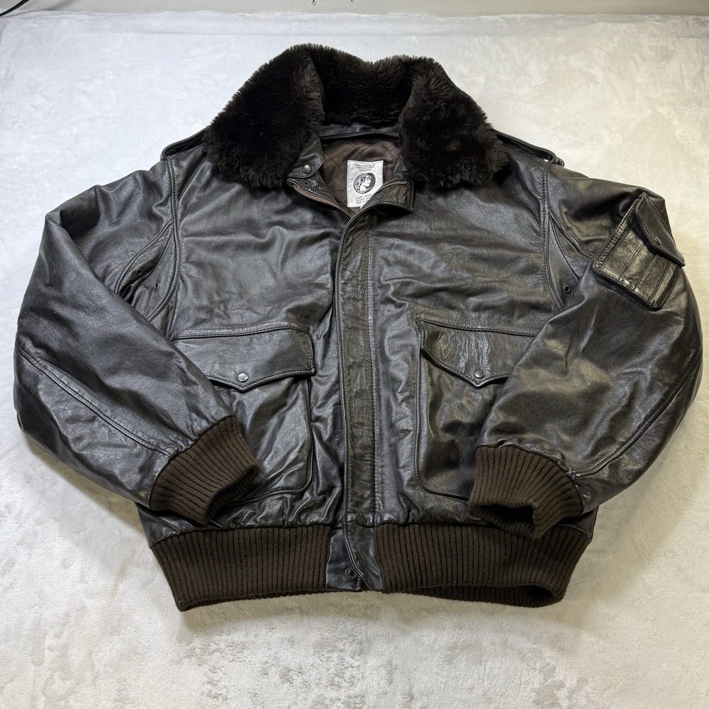 Vintage American Express Leather Flight Jacket A2 Style Fur Collar Brown Size 46